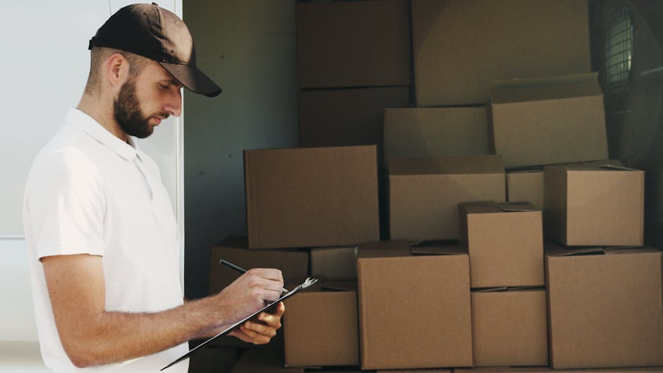 Close-up of a person wearing a white t-shirt holding a black clipboard with a pen, inspecting or organizing packing materials during a home relocation. In the background, there are stacked cardboard b